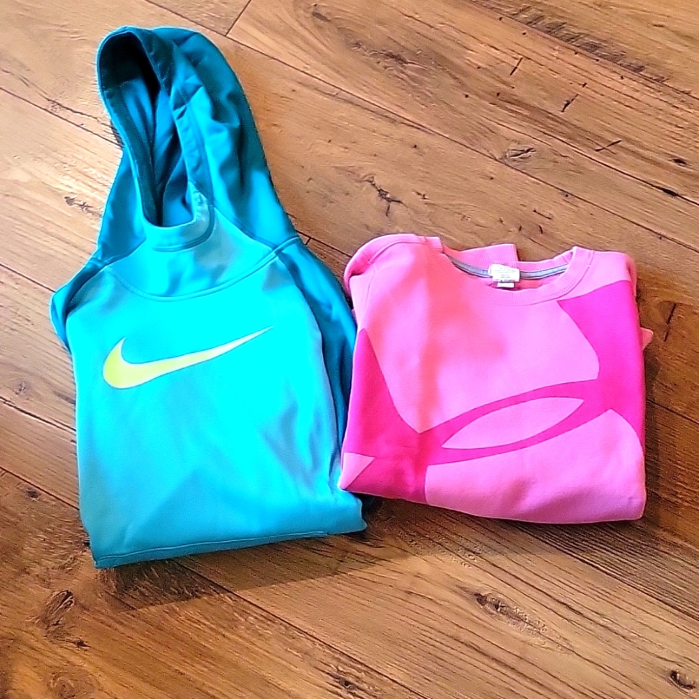 Youth Large Nike and Under Armour sweatshirt.